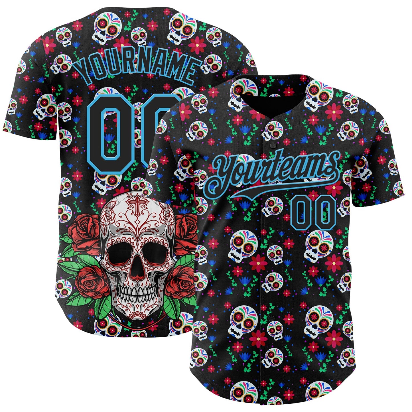 Custom Black Sky Blue Sugar Skull Day of the Dead Mexican Folk Art Authentic Baseball Jersey - Main View