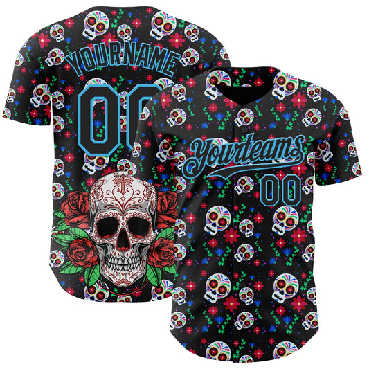 Custom Black Sky Blue Sugar Skull Day of the Dead Mexican Folk Art Authentic Baseball Jersey - Main View
