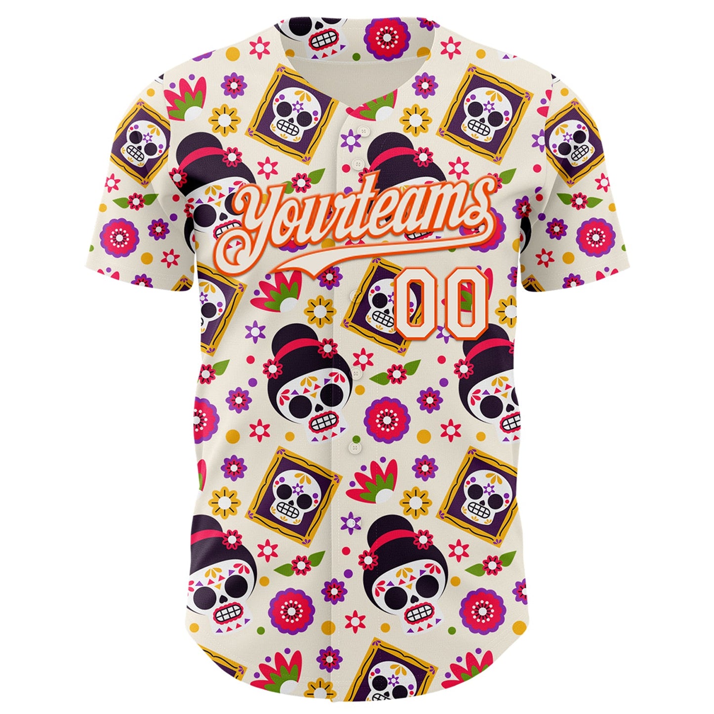 Custom Cream Orange Sugar Skull Day of the Dead Mexican Folk Art Authentic Baseball Jersey view 2