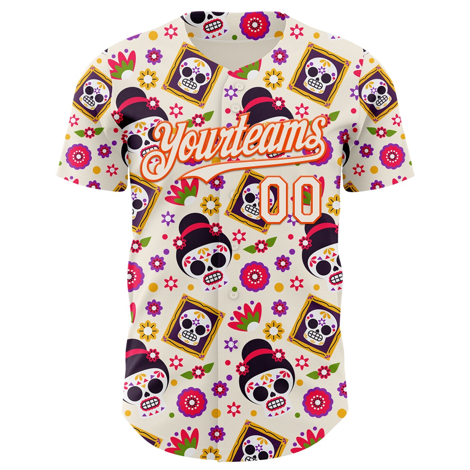 Custom Cream Orange Sugar Skull Day of the Dead Mexican Folk Art Authentic Baseball Jersey view 2