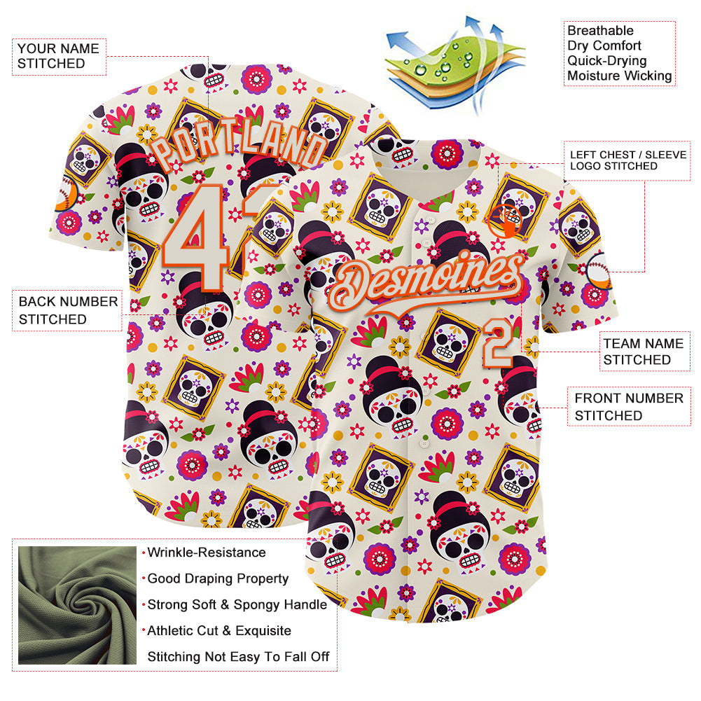 Custom Cream Orange Sugar Skull Day of the Dead Mexican Folk Art Authentic Baseball Jersey view 3