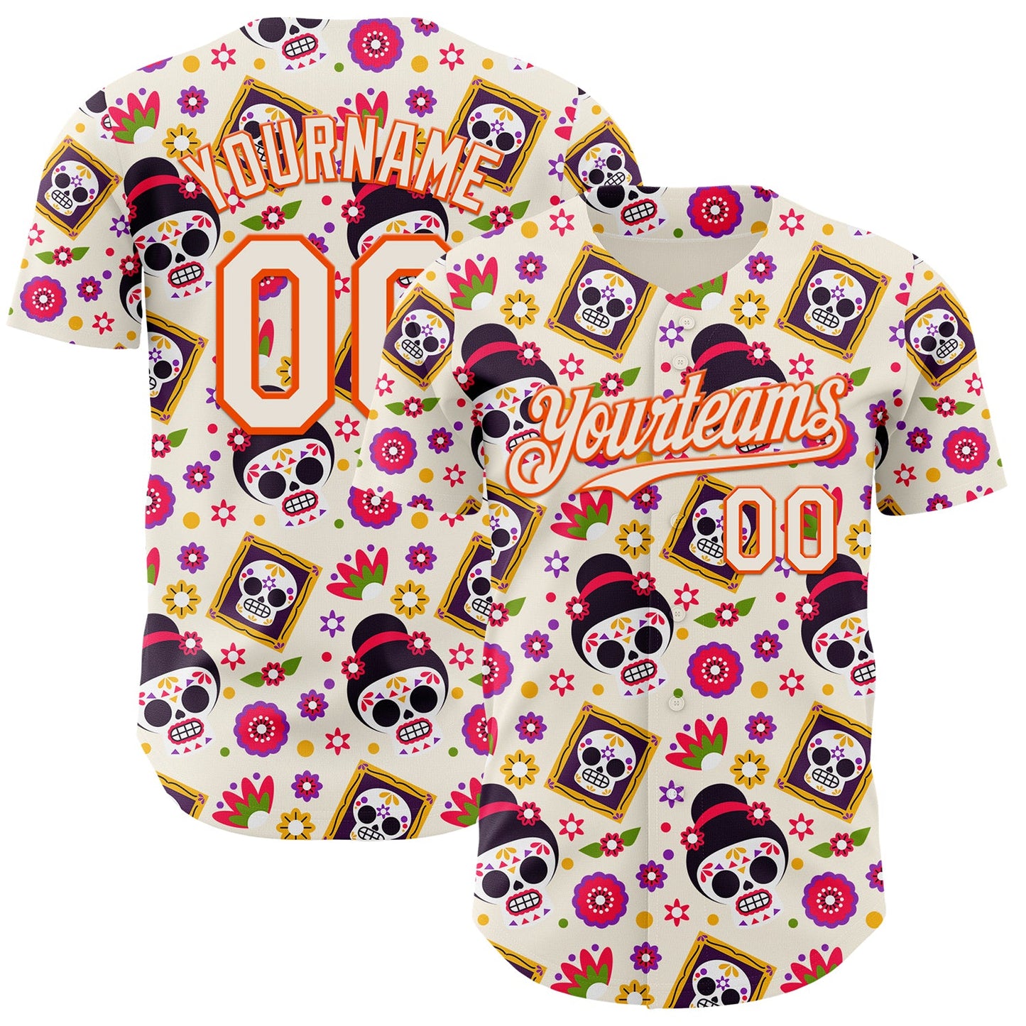 Custom Cream Orange Sugar Skull Day of the Dead Mexican Folk Art Authentic Baseball Jersey - Main View