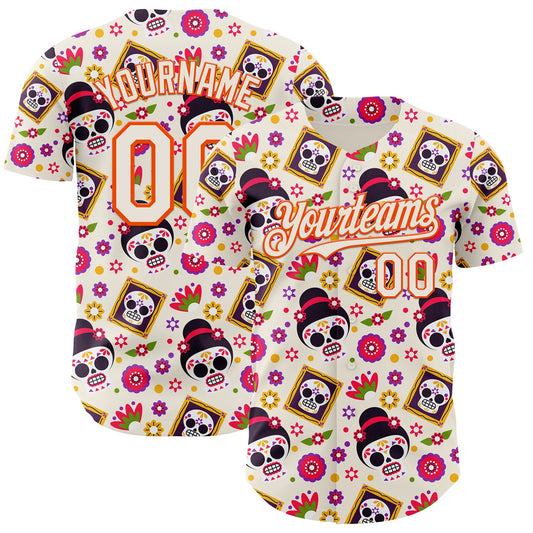 Custom Cream Orange Sugar Skull Day of the Dead Mexican Folk Art Authentic Baseball Jersey - Main View