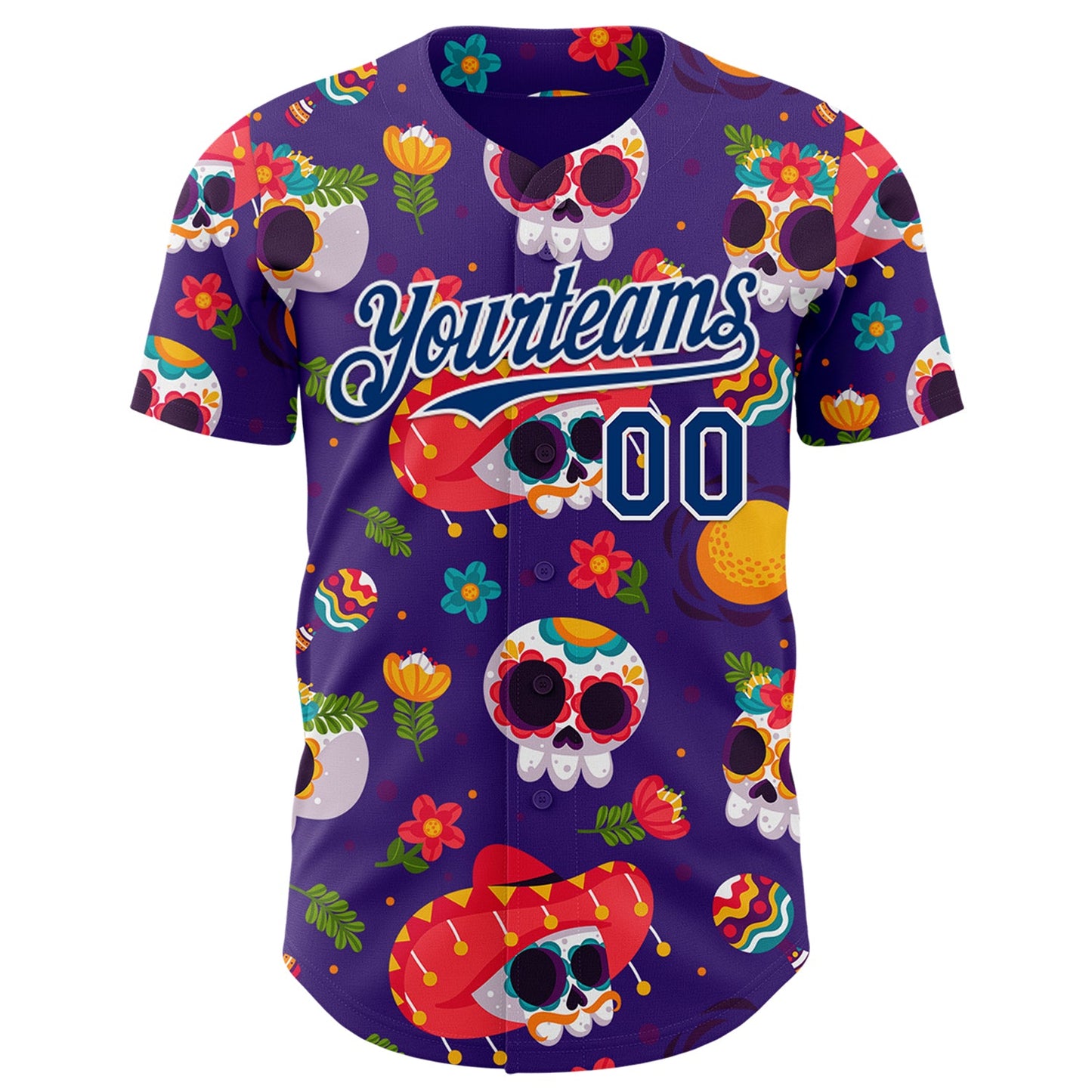 Custom Purple US Navy Blue-White Sugar Skull Day of the Dead Mexican Folk Art Authentic Baseball Jersey view 2