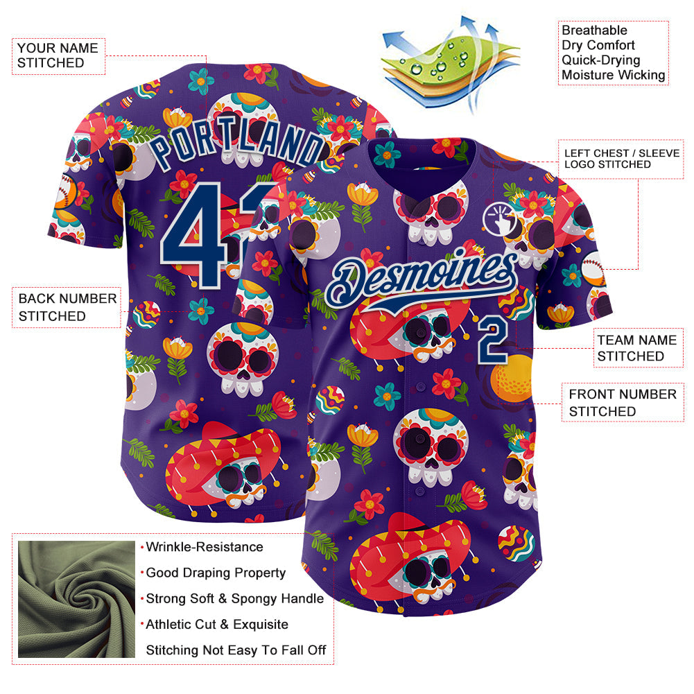 Custom Purple US Navy Blue-White Sugar Skull Day of the Dead Mexican Folk Art Authentic Baseball Jersey view 3
