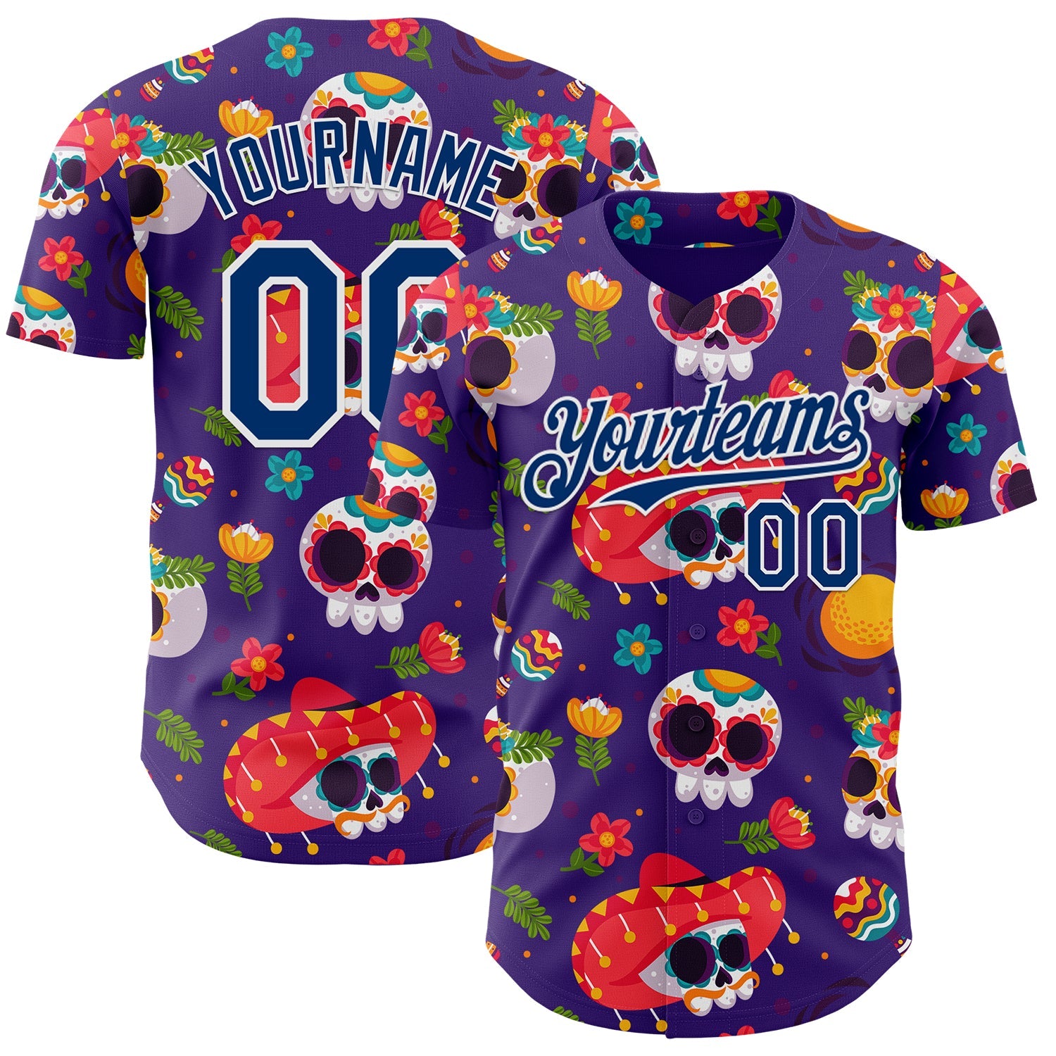 Custom Purple US Navy Blue-White Sugar Skull Day of the Dead Mexican Folk Art Authentic Baseball Jersey - Main View