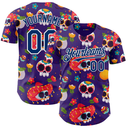 Custom Purple US Navy Blue-White Sugar Skull Day of the Dead Mexican Folk Art Authentic Baseball Jersey - Main View