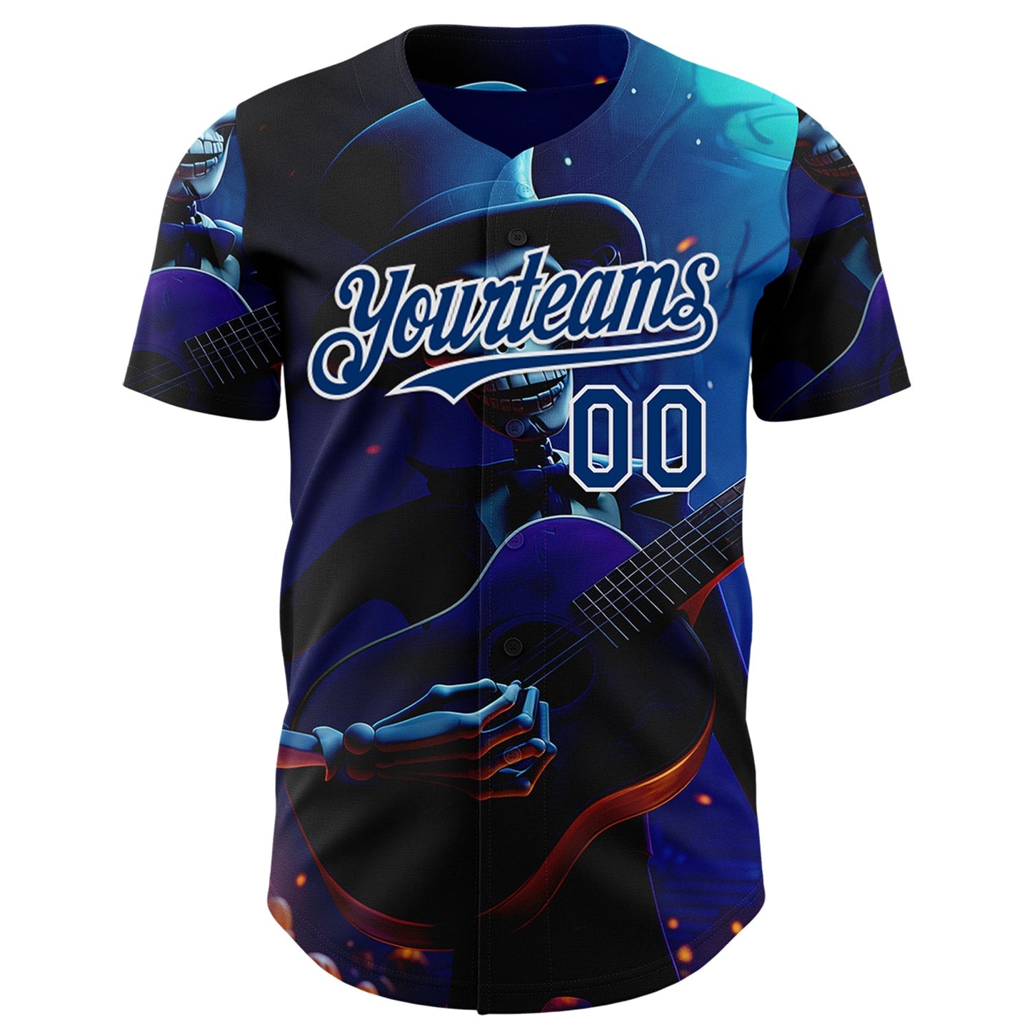 Custom Black US Navy Blue-White Sugar Skull Day of the Dead Mexican Folk Art Authentic Baseball Jersey view 2