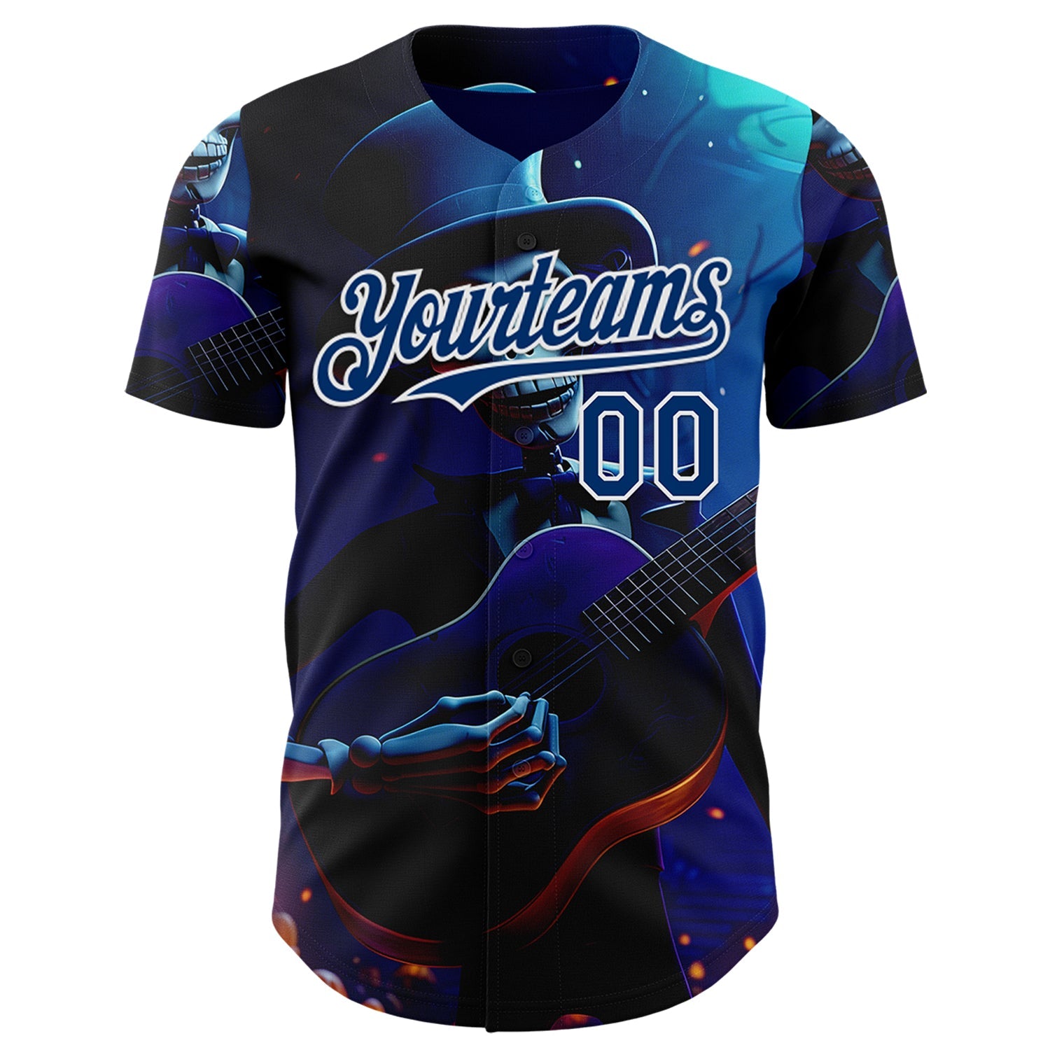 Custom Black US Navy Blue-White Sugar Skull Day of the Dead Mexican Folk Art Authentic Baseball Jersey view 2
