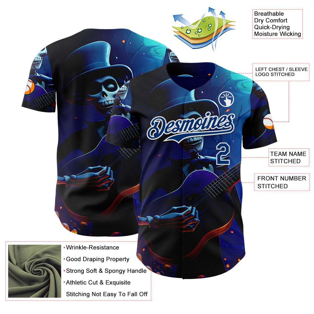Custom Black US Navy Blue-White Sugar Skull Day of the Dead Mexican Folk Art Authentic Baseball Jersey view 3