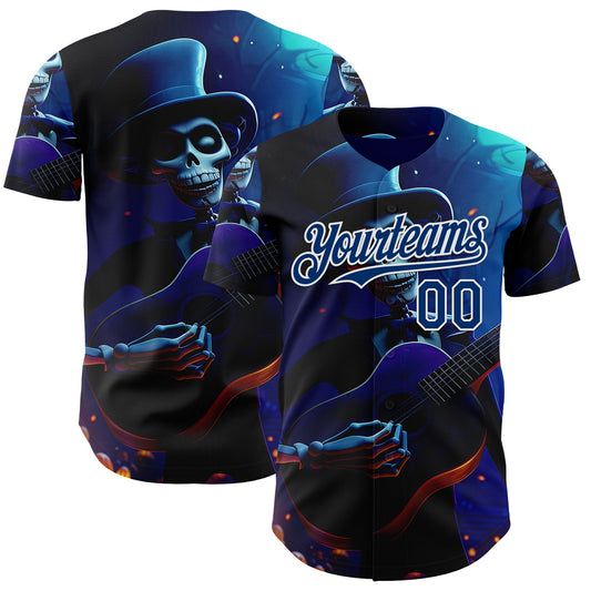 Custom Black US Navy Blue-White Sugar Skull Day of the Dead Mexican Folk Art Authentic Baseball Jersey - Main View