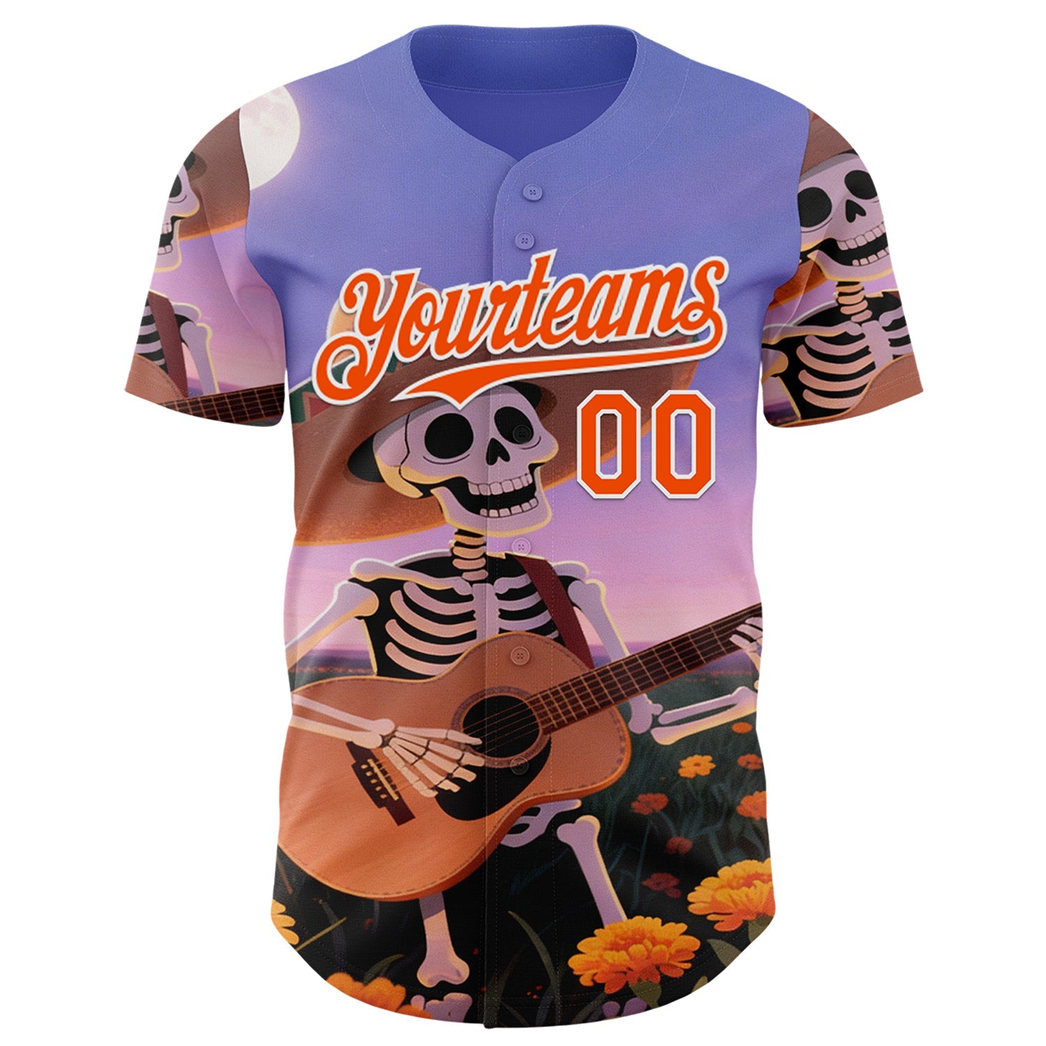 Custom Purple Orange-White Sugar Skull Day of the Dead Mexican Folk Art Authentic Baseball Jersey view 2