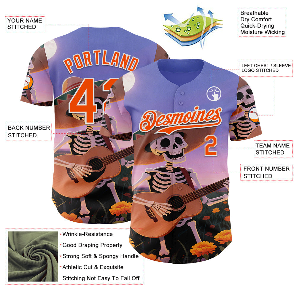 Custom Purple Orange-White Sugar Skull Day of the Dead Mexican Folk Art Authentic Baseball Jersey view 3