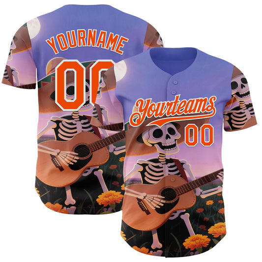 Custom Purple Orange-White Sugar Skull Day of the Dead Mexican Folk Art Authentic Baseball Jersey - Main View