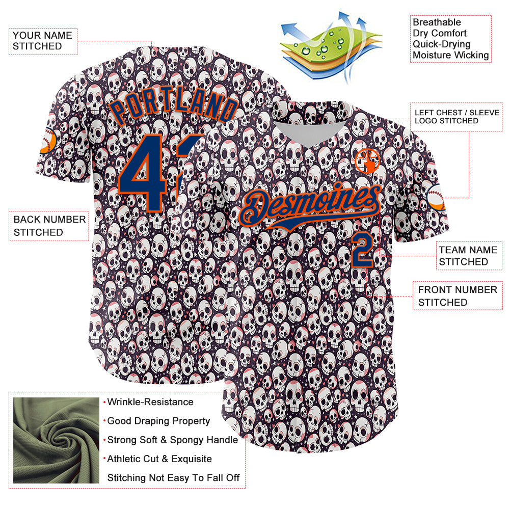 Custom White US Navy Blue-Orange Sugar Skull Day of the Dead Mexican Folk Art Authentic Baseball Jersey view 3