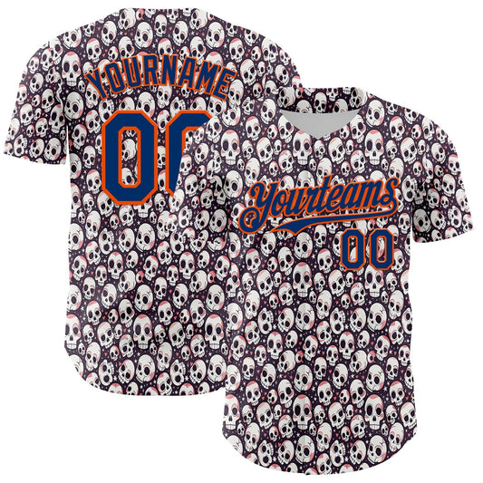 Custom White US Navy Blue-Orange Sugar Skull Day of the Dead Mexican Folk Art Authentic Baseball Jersey - Main View
