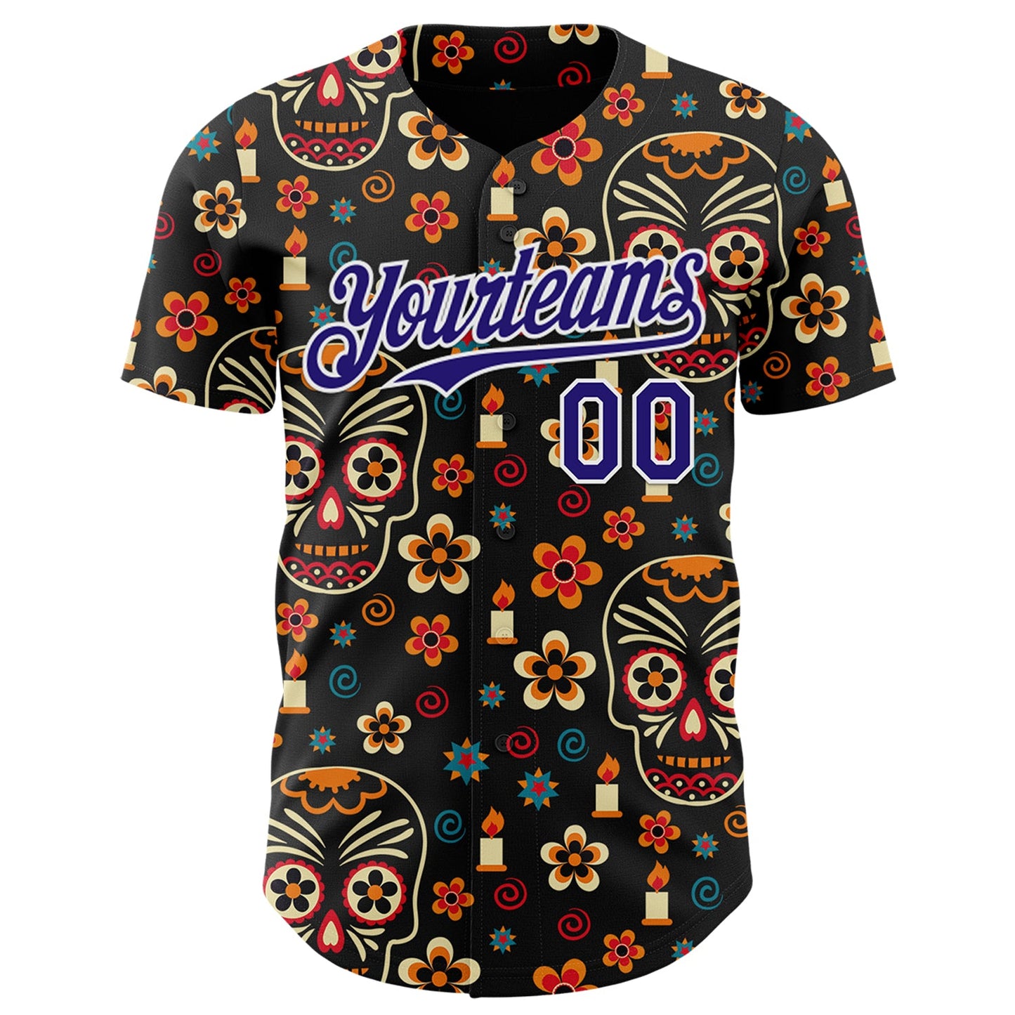 Custom Black Dark Purple-White Sugar Skull Day of the Dead Mexican Folk Art Authentic Baseball Jersey view 2