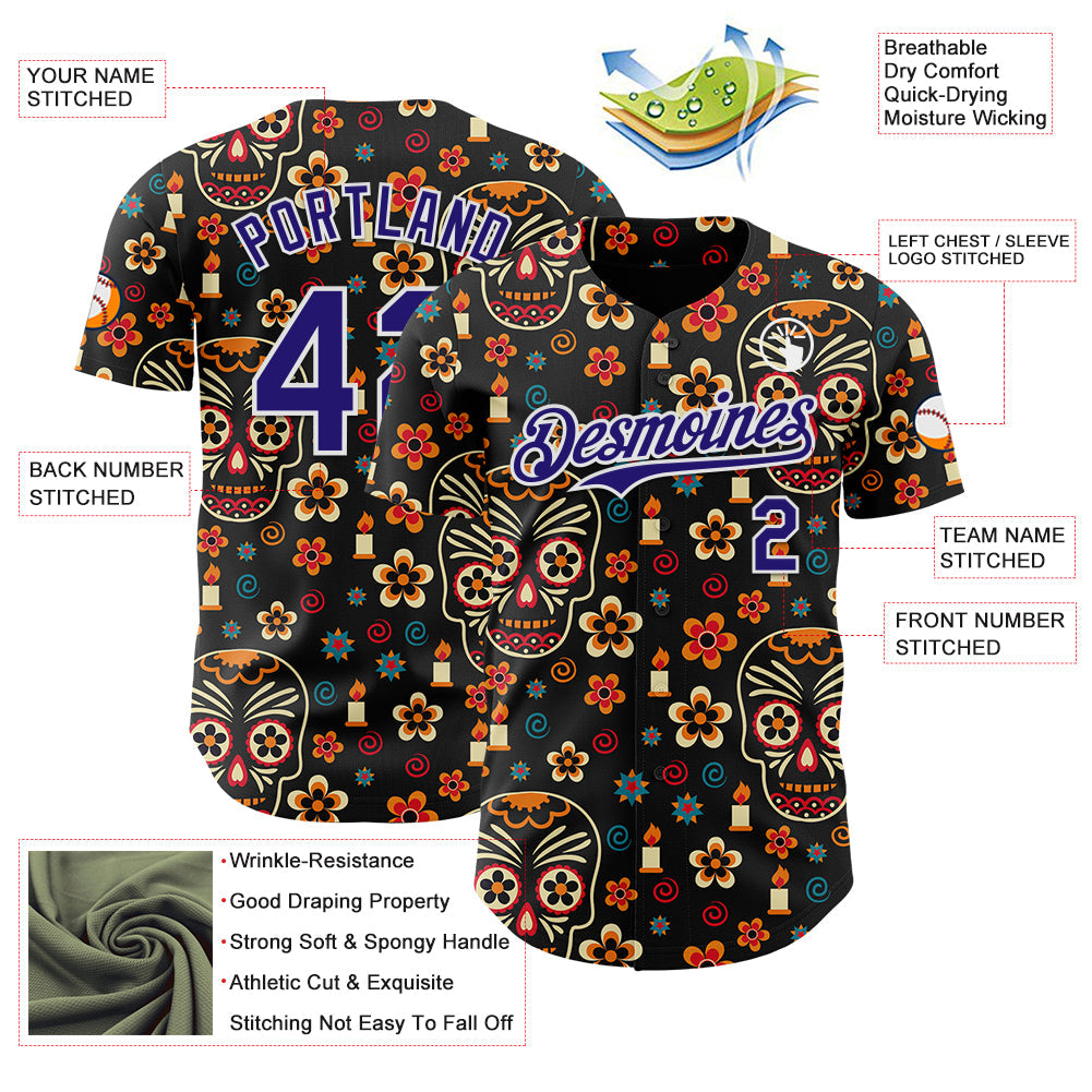 Custom Black Dark Purple-White Sugar Skull Day of the Dead Mexican Folk Art Authentic Baseball Jersey view 3