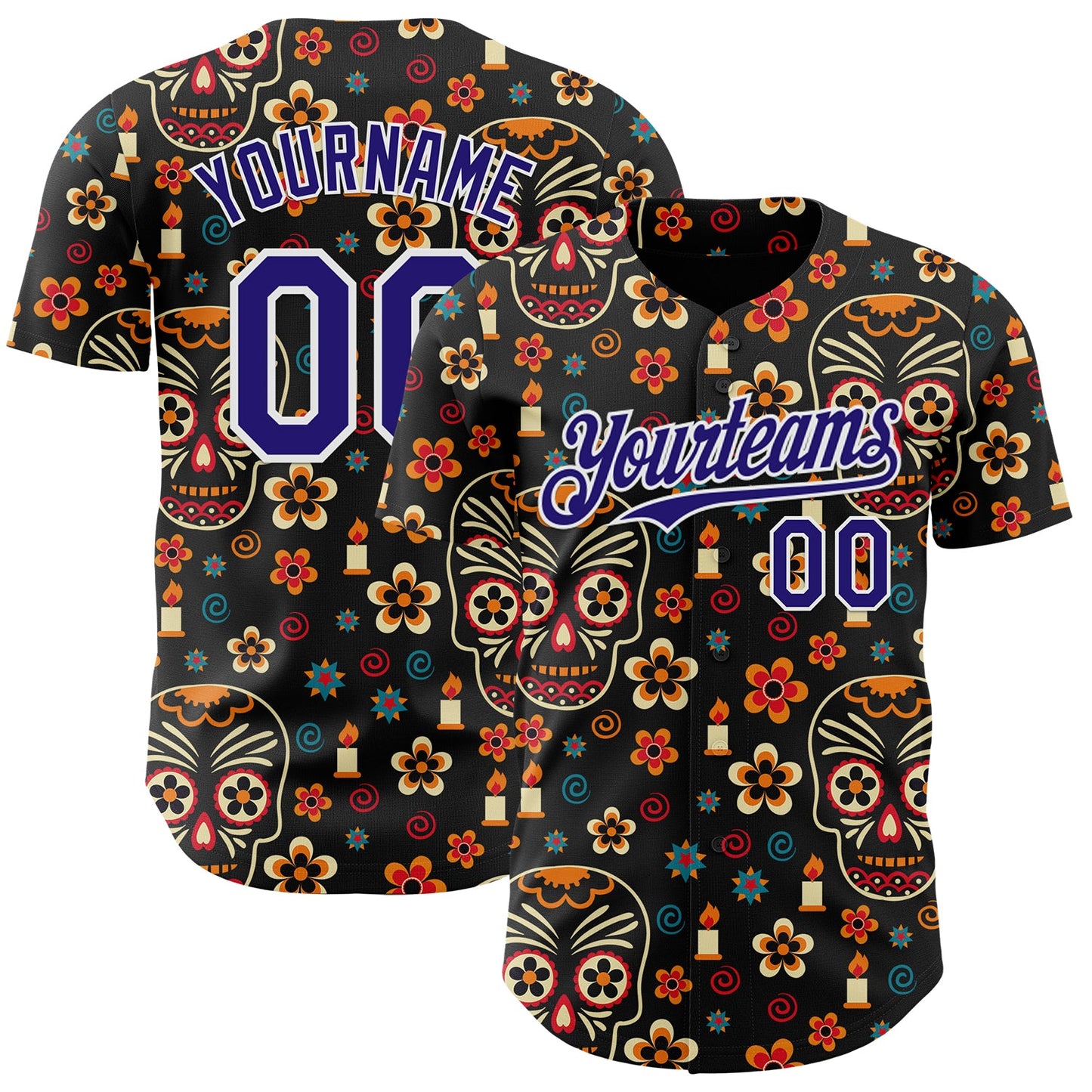 Custom Black Dark Purple-White Sugar Skull Day of the Dead Mexican Folk Art Authentic Baseball Jersey - Main View
