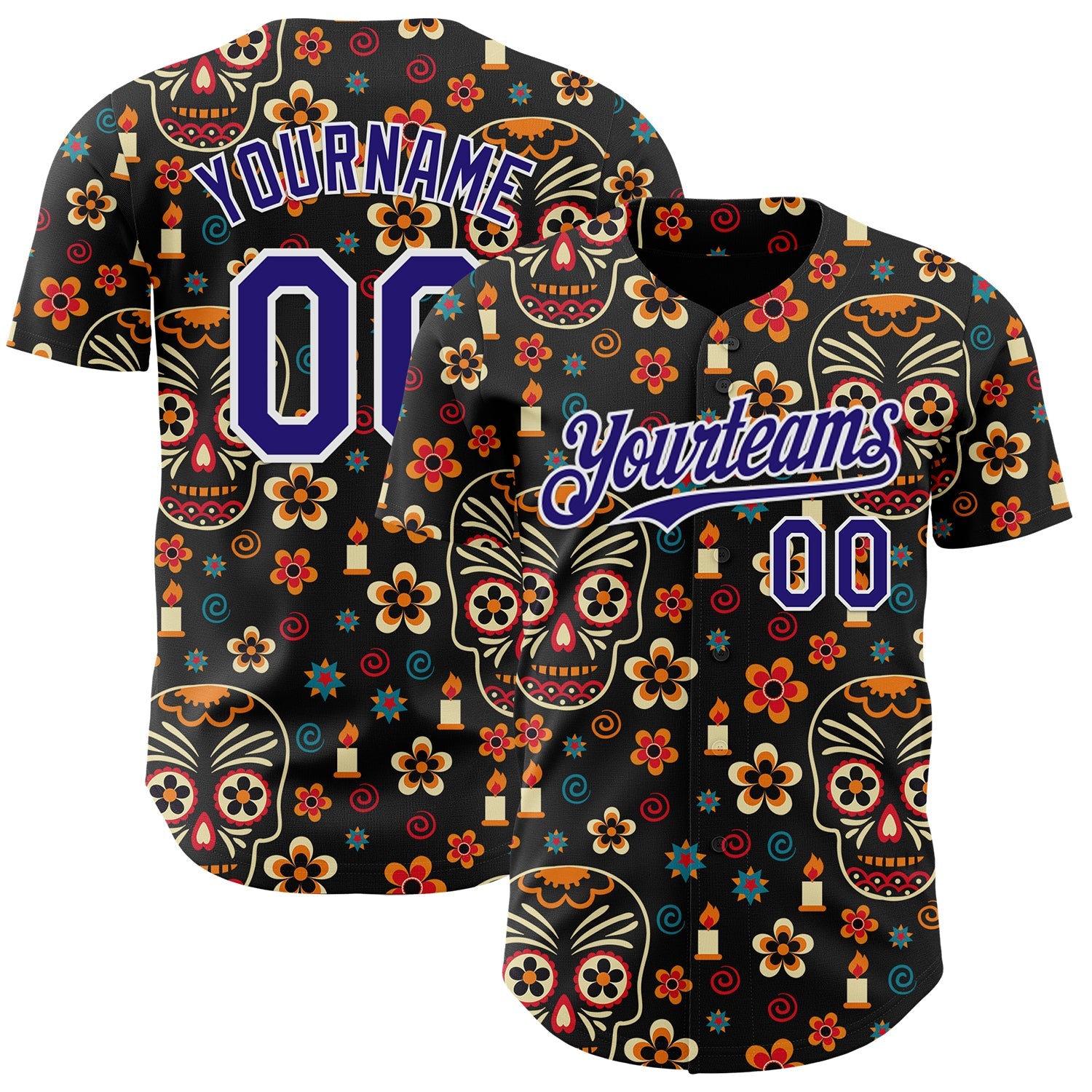 Custom Black Dark Purple-White Sugar Skull Day of the Dead Mexican Folk Art Authentic Baseball Jersey - Main View
