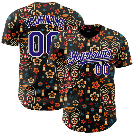 Custom Black Dark Purple-White Sugar Skull Day of the Dead Mexican Folk Art Authentic Baseball Jersey - Main View