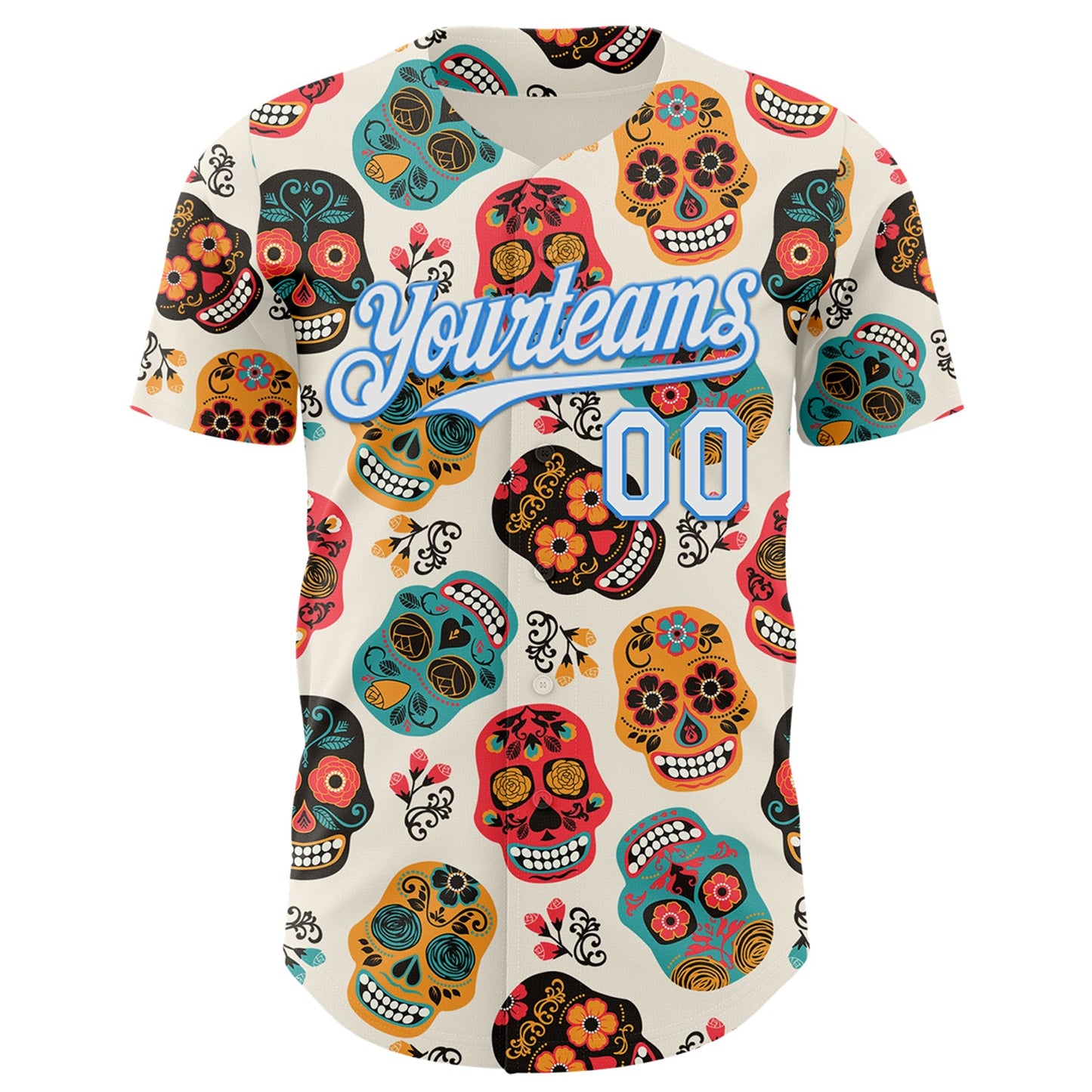Custom Cream White-Electric Blue Sugar Skull Day of the Dead Mexican Folk Art Authentic Baseball Jersey view 2