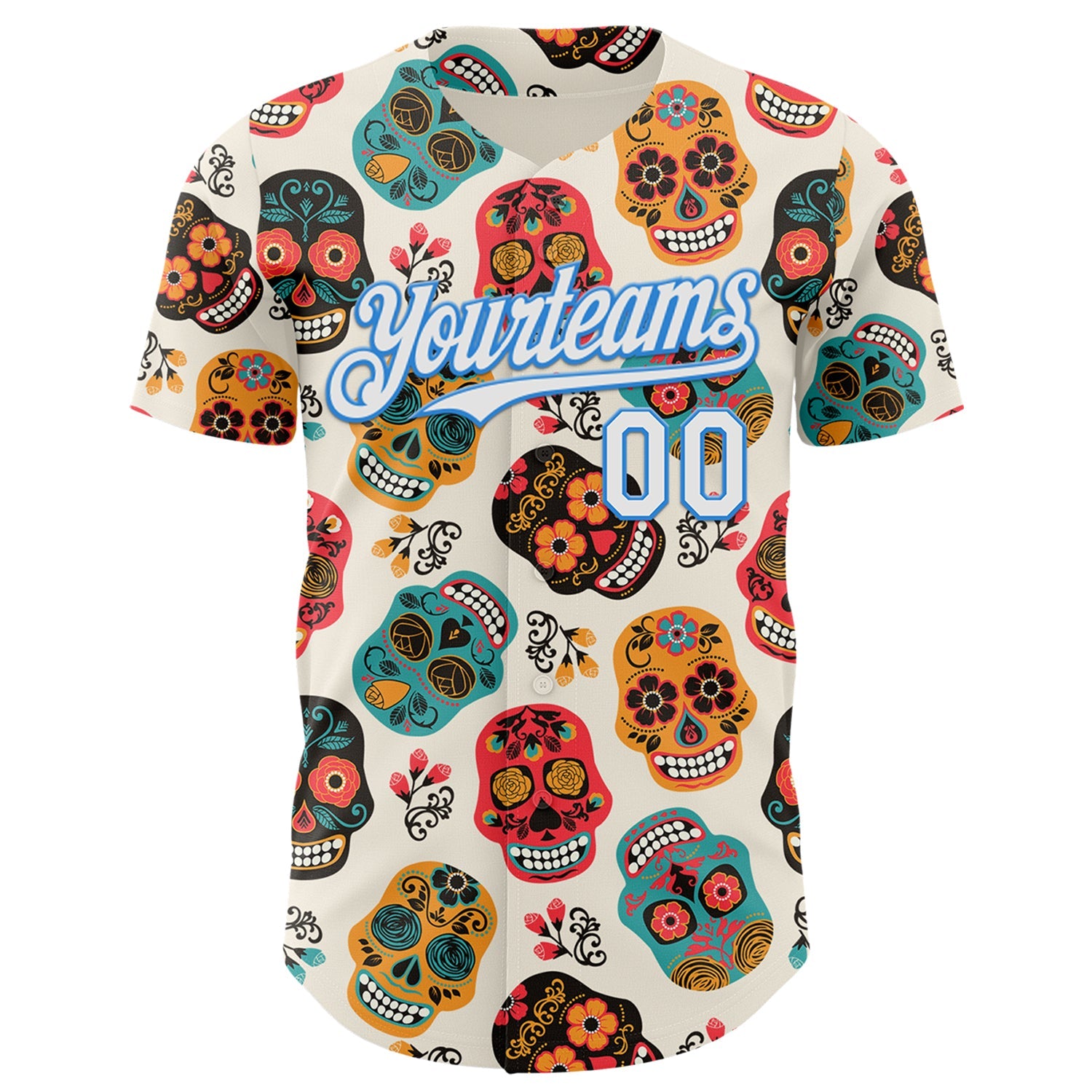Custom Cream White-Electric Blue Sugar Skull Day of the Dead Mexican Folk Art Authentic Baseball Jersey view 2