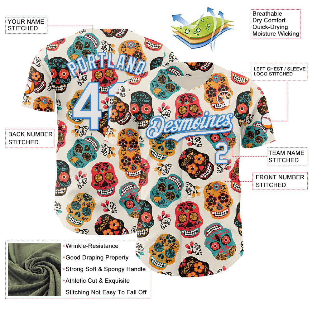 Custom Cream White-Electric Blue Sugar Skull Day of the Dead Mexican Folk Art Authentic Baseball Jersey view 3