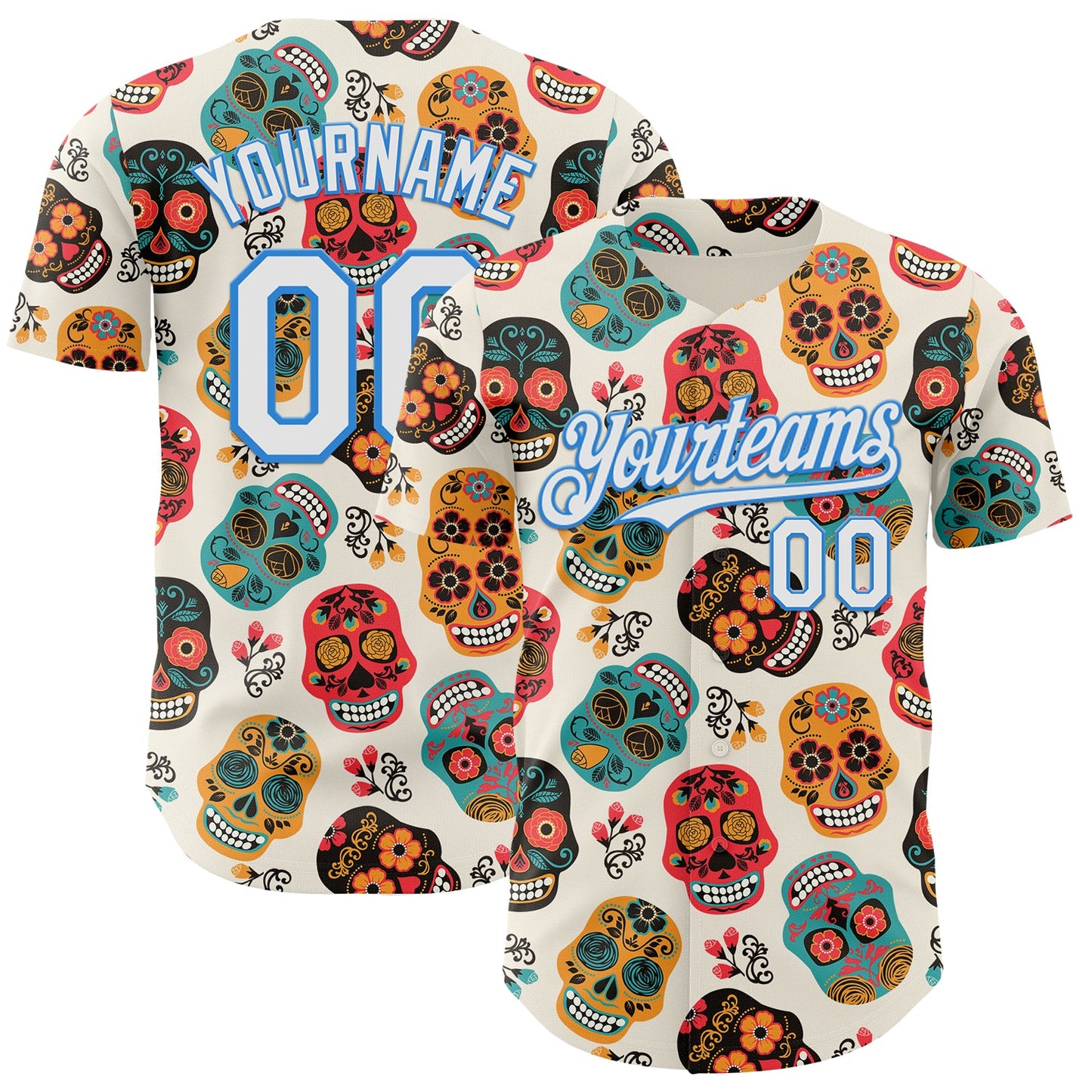 Custom Cream White-Electric Blue Sugar Skull Day of the Dead Mexican Folk Art Authentic Baseball Jersey - Main View