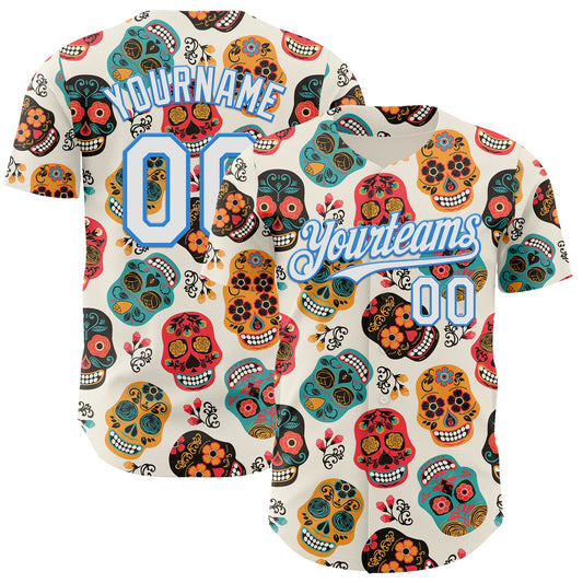 Custom Cream White-Electric Blue Sugar Skull Day of the Dead Mexican Folk Art Authentic Baseball Jersey - Main View
