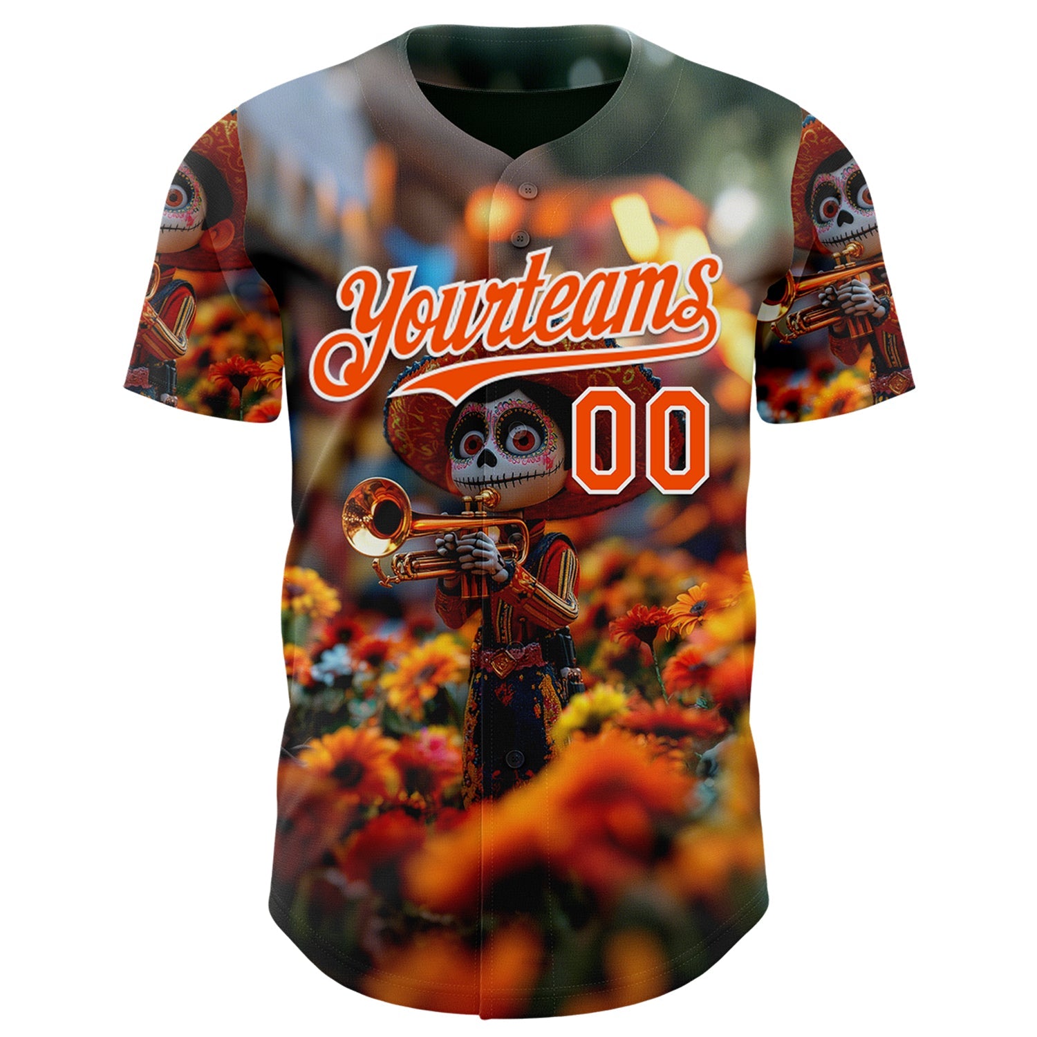 Custom Black Orange-White Sugar Skull Day of the Dead Mexican Folk Art Authentic Baseball Jersey view 2