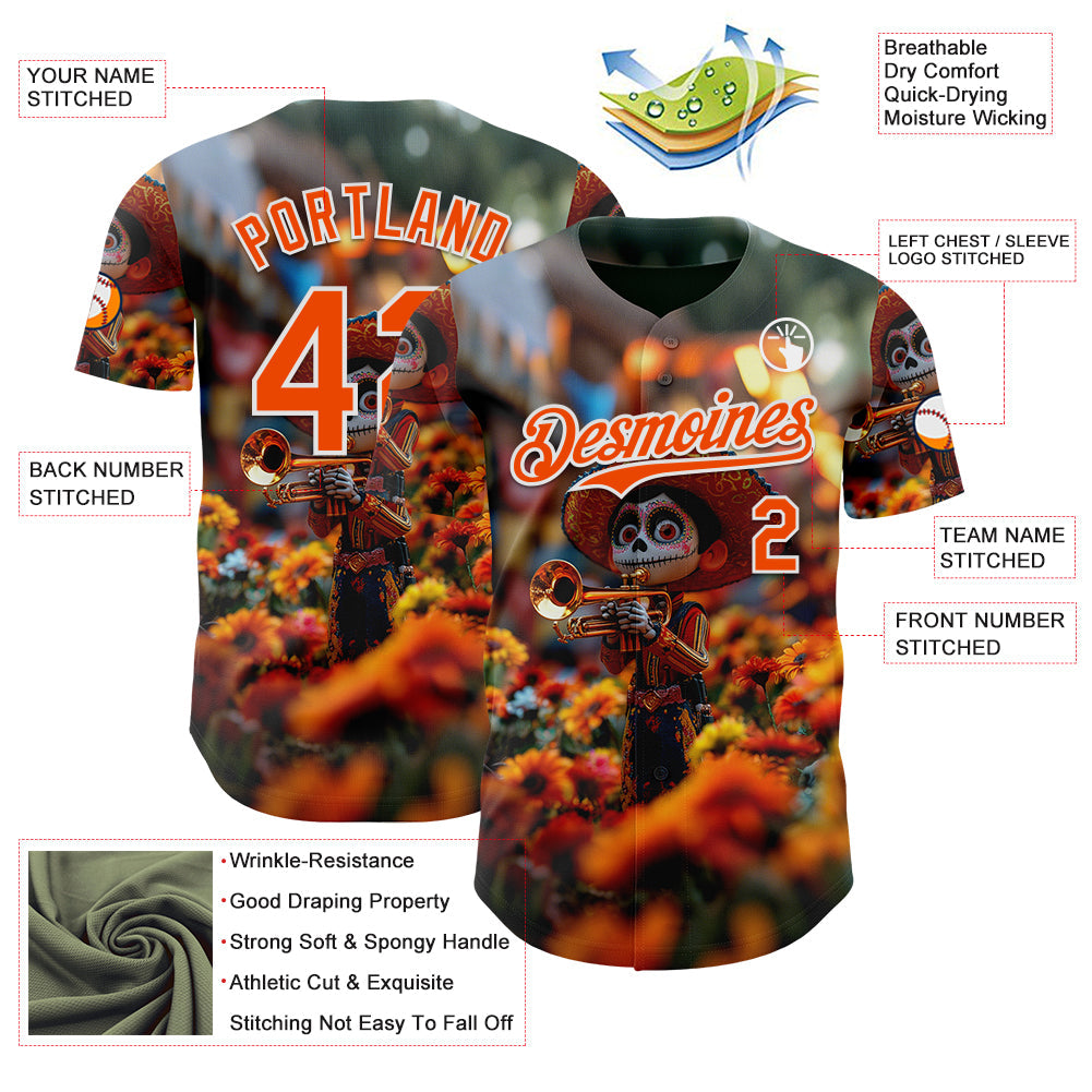 Custom Black Orange-White Sugar Skull Day of the Dead Mexican Folk Art Authentic Baseball Jersey view 3