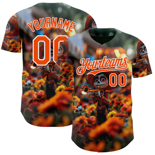 Custom Black Orange-White Sugar Skull Day of the Dead Mexican Folk Art Authentic Baseball Jersey - Main View