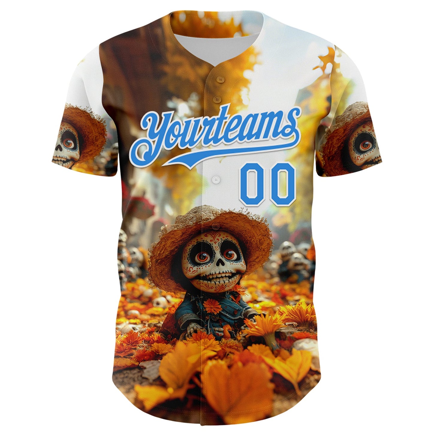 Custom White Electric Blue Sugar Skull Day of the Dead Mexican Folk Art Authentic Baseball Jersey view 2