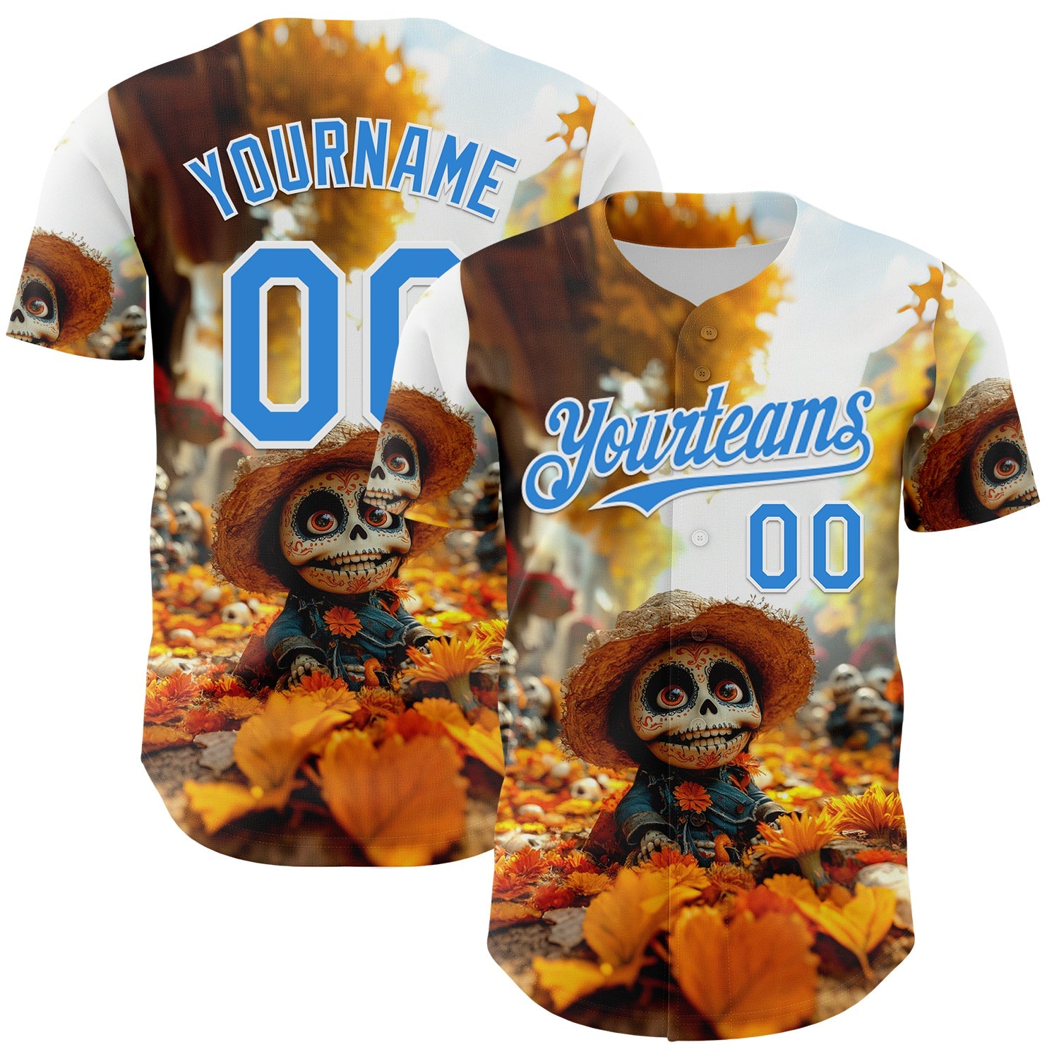Custom White Electric Blue Sugar Skull Day of the Dead Mexican Folk Art Authentic Baseball Jersey - Main View