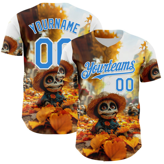 Custom White Electric Blue Sugar Skull Day of the Dead Mexican Folk Art Authentic Baseball Jersey - Main View