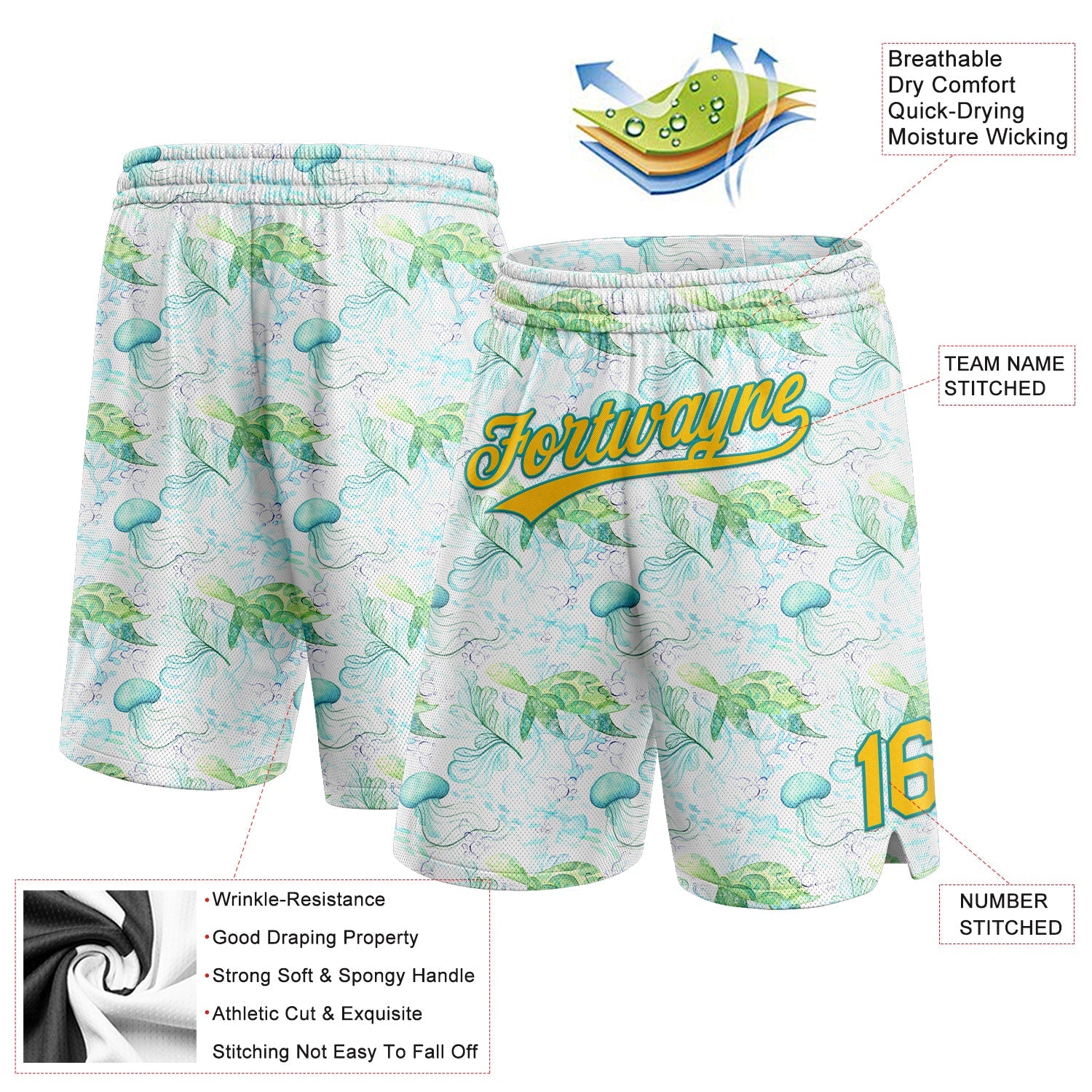 Custom White Yellow-Teal 3D Pattern Aquatic Plants And Jellyfish Authentic Basketball Shorts view 2