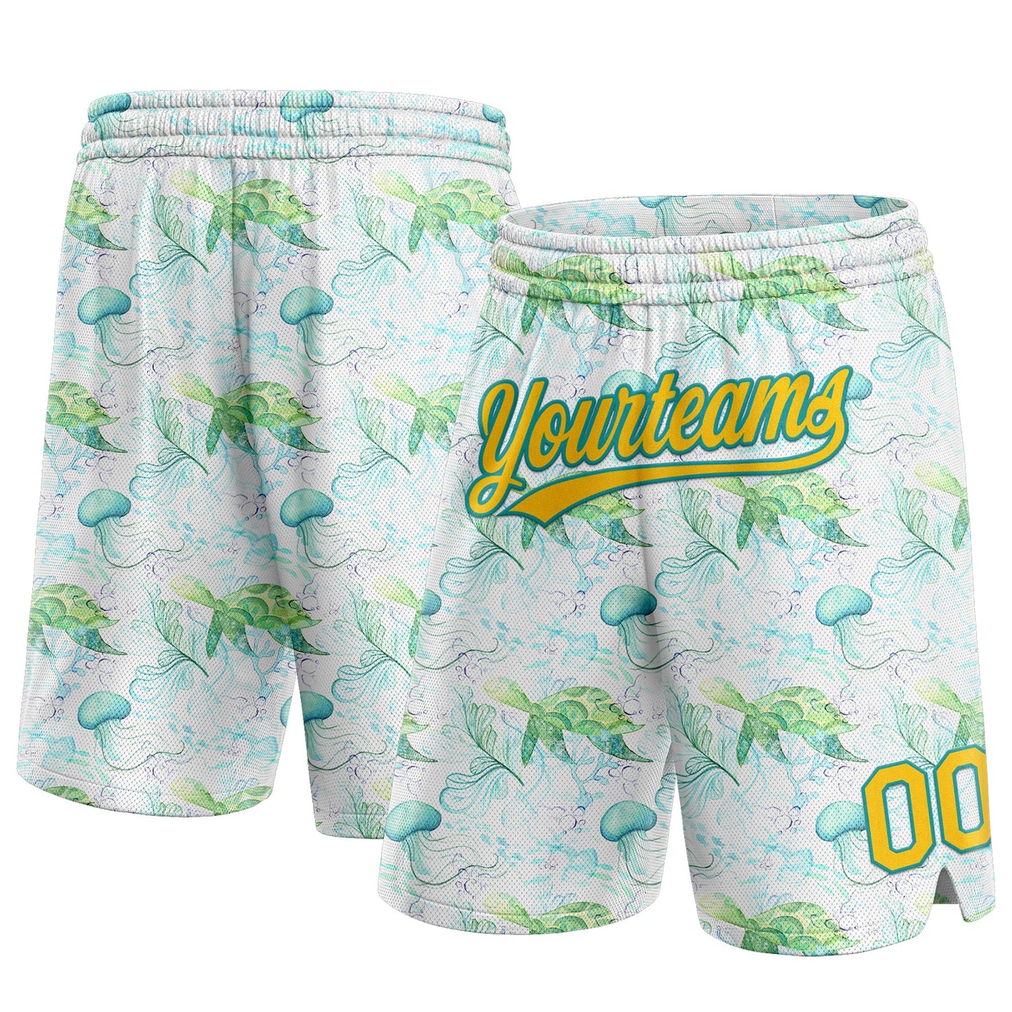 Custom White Yellow-Teal 3D Pattern Aquatic Plants And Jellyfish Authentic Basketball Shorts - Main View