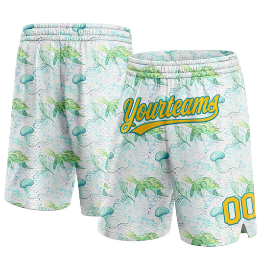 Custom White Yellow-Teal 3D Pattern Aquatic Plants And Jellyfish Authentic Basketball Shorts - Main View