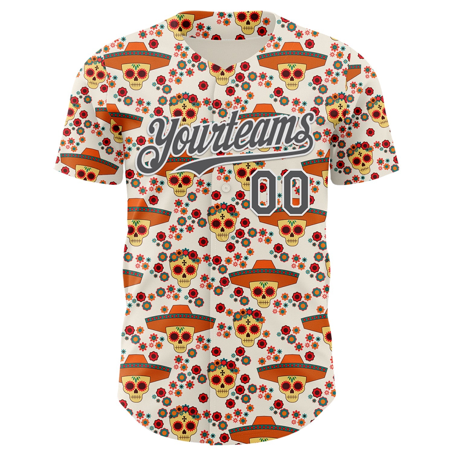 Custom Cream Steel Gray-White Sugar Skull Day of the Dead Mexican Folk Art Authentic Baseball Jersey view 2