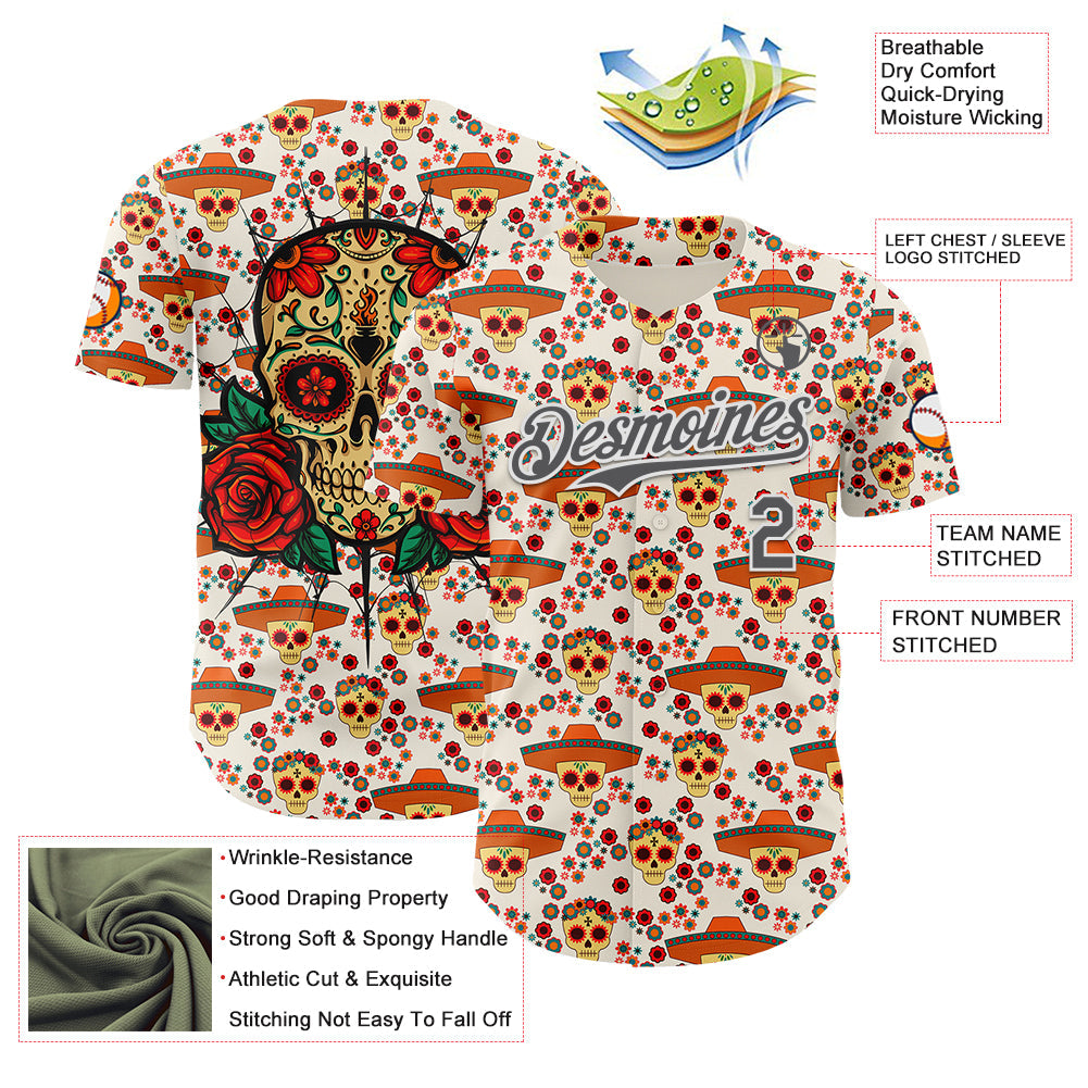 Custom Cream Steel Gray-White Sugar Skull Day of the Dead Mexican Folk Art Authentic Baseball Jersey view 3
