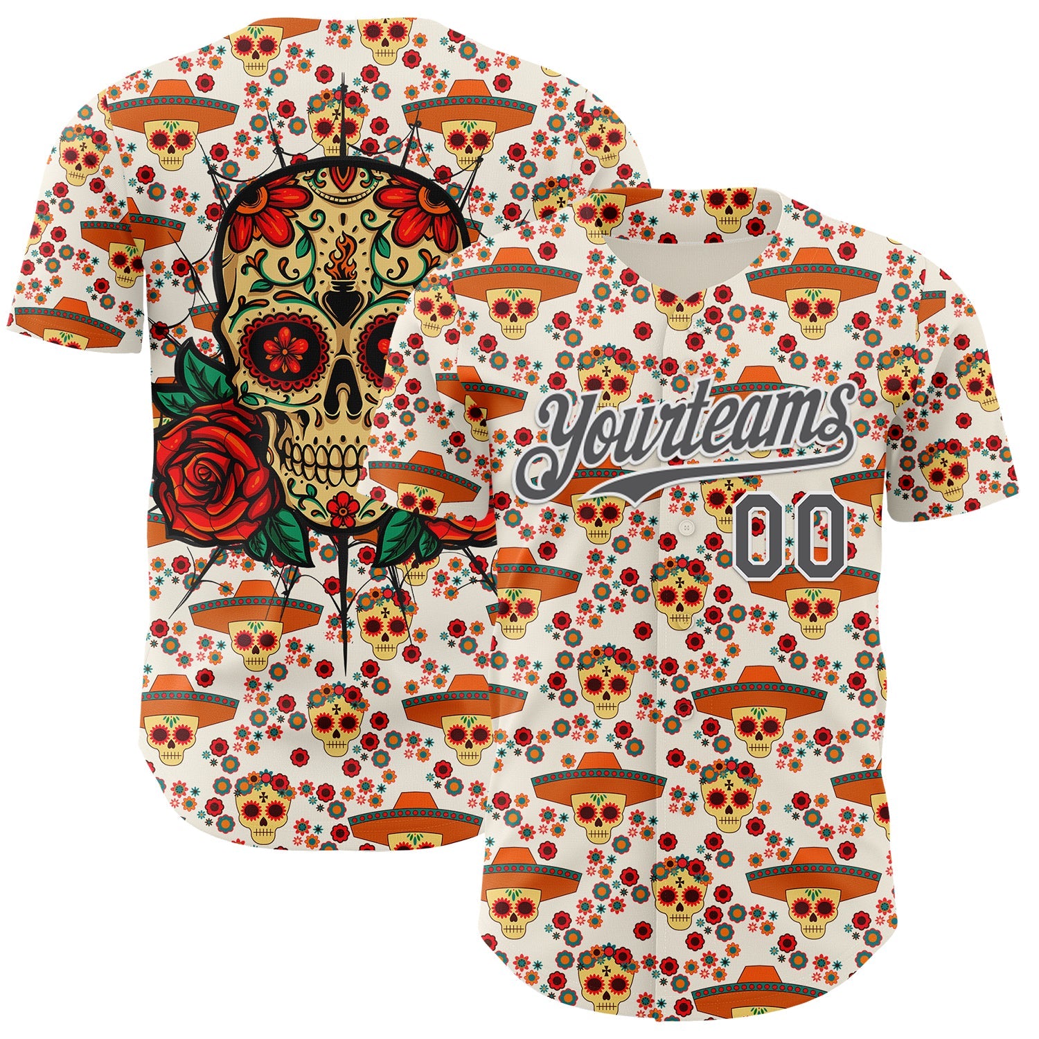 Custom Cream Steel Gray-White Sugar Skull Day of the Dead Mexican Folk Art Authentic Baseball Jersey - Main View
