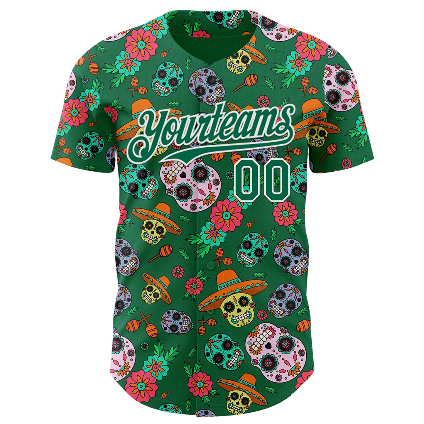 Custom Kelly Green White Sugar Skull Day of the Dead Mexican Folk Art Authentic Baseball Jersey view 2