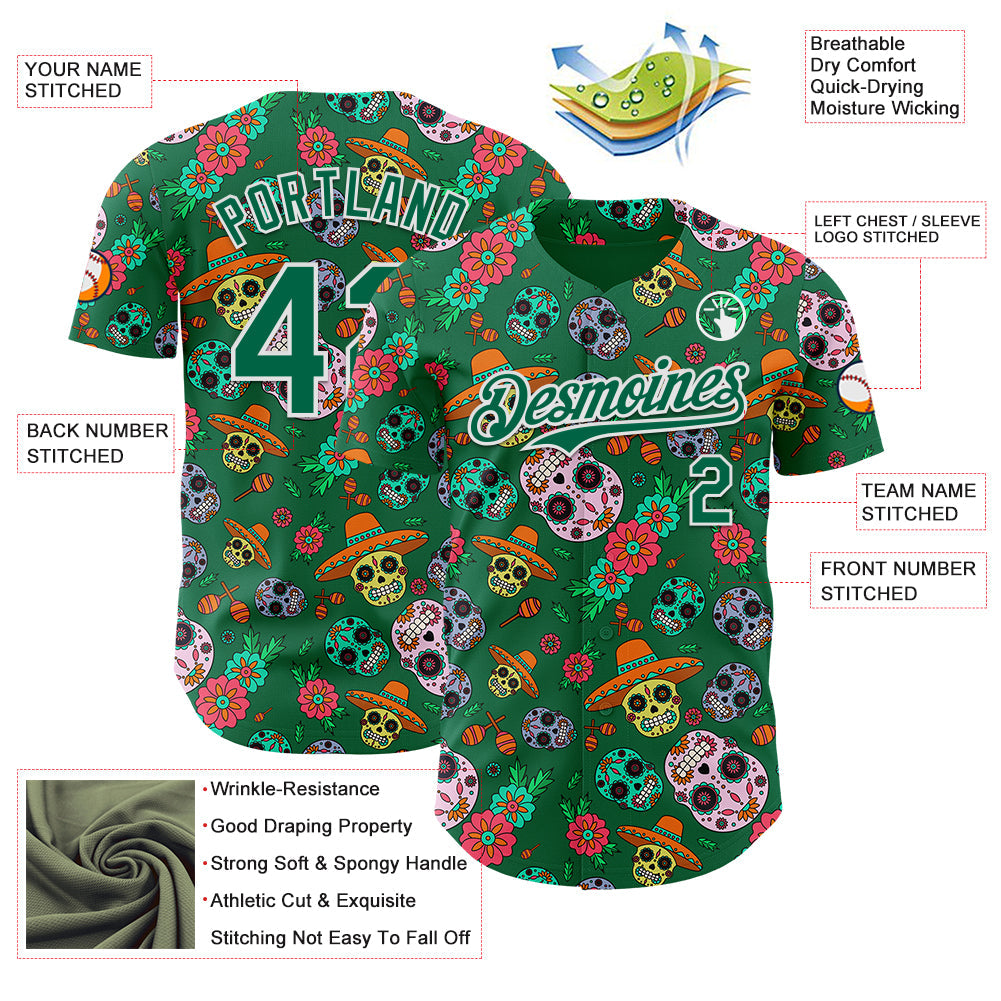 Custom Kelly Green White Sugar Skull Day of the Dead Mexican Folk Art Authentic Baseball Jersey view 3
