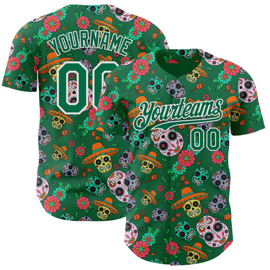 Custom Kelly Green White Sugar Skull Day of the Dead Mexican Folk Art Authentic Baseball Jersey - Main View