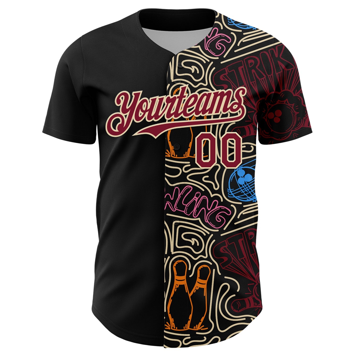 Custom Black Crimson-Cream Bowling Doodle Split Authentic Baseball Jersey view 2