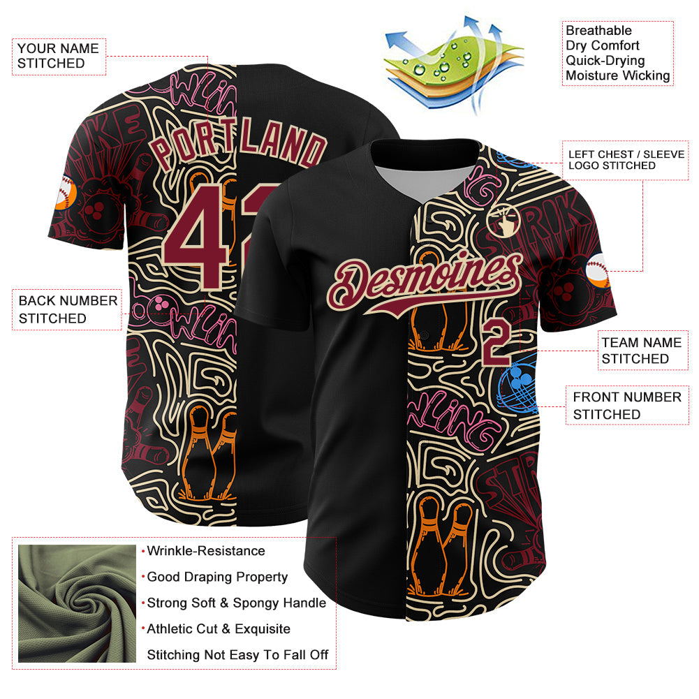Custom Black Crimson-Cream Bowling Doodle Split Authentic Baseball Jersey view 3