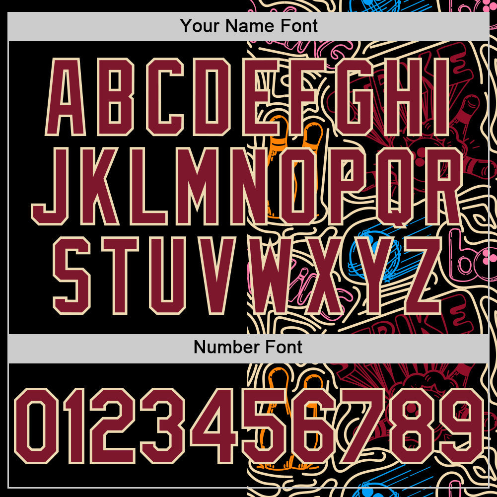 Custom Black Crimson-Cream Bowling Doodle Split Authentic Baseball Jersey view 5