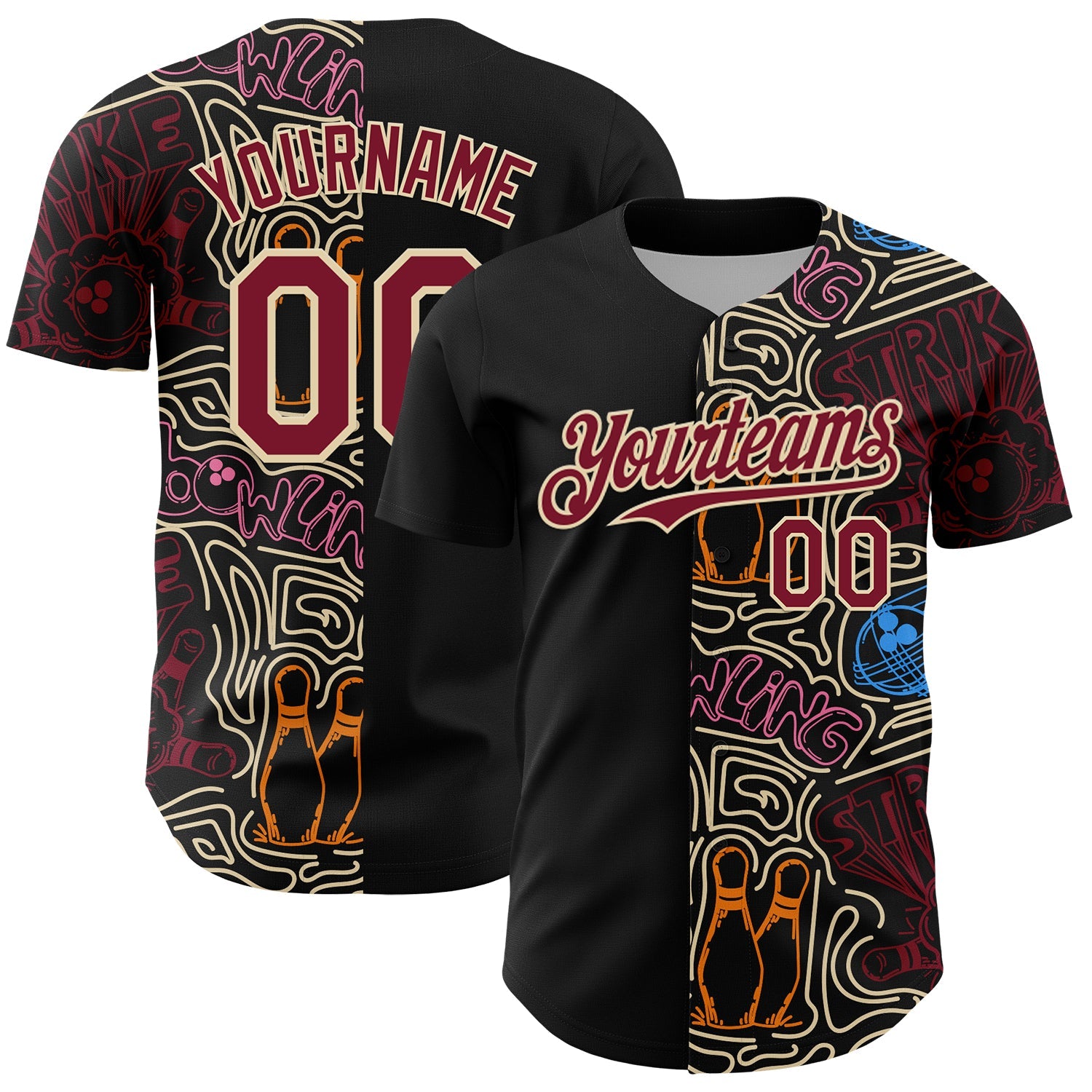 Custom Black Crimson-Cream Bowling Doodle Split Authentic Baseball Jersey - Main View