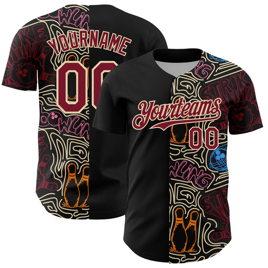 Custom Black Crimson-Cream Bowling Doodle Split Authentic Baseball Jersey - Main View